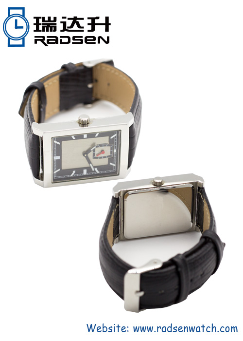 Stainless Steel Mens Watch Antique Square Face with Genuine Leather Band