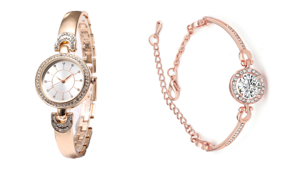 Bangle Jewelry Watch Set With Crystals