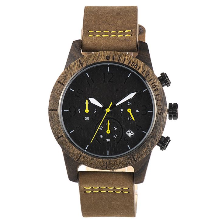 Wood Watch With Chronograph Dial And Leather Strap