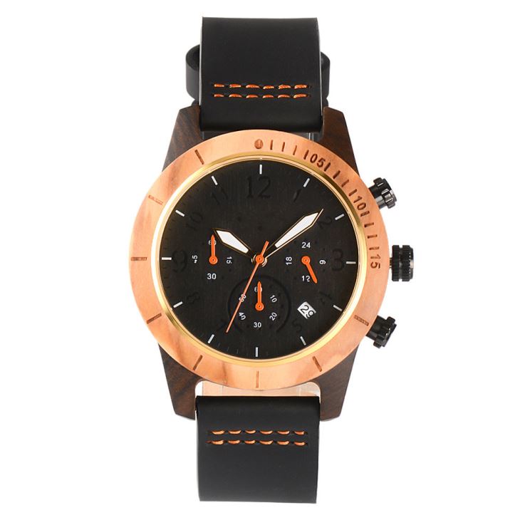 Wood Watch With Chronograph Dial And Leather Strap
