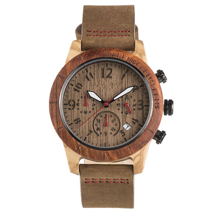 Wood Watch With Chronograph Dial And Leather Strap