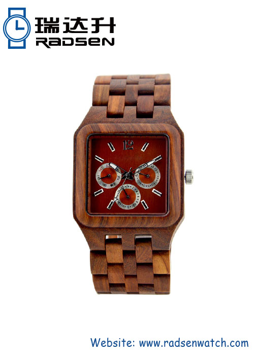 Natural Wood Chronos Watches Square Face in Wine Red Color