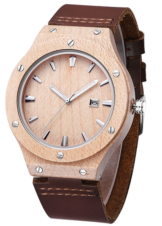 Wood leather strap watch with date